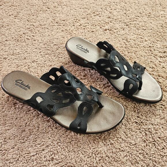 Clarks Bendables Wedge Sandals Womens 10M Black 37059 Comfort Slip On Slides - Picture 2 of 10